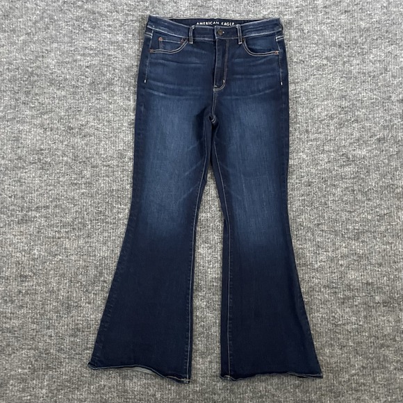 American Eagle Super Hi-Rise Flare Blue Denim Jeans Women's Size 10 Stretch EUC - Picture 2 of 13